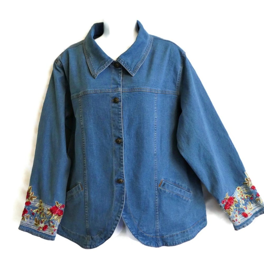 Vintage Denim Jacket Embroidered Floral Lining Antique Buttons Pockets 1X Plus